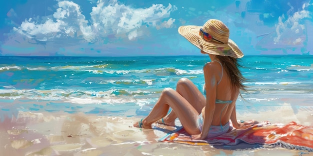 a painting of a woman sitting on a surfboard in the water