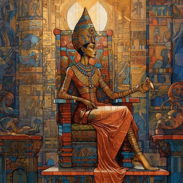 Photo painting of a woman sitting on a throne with a bird in her hand generative ai