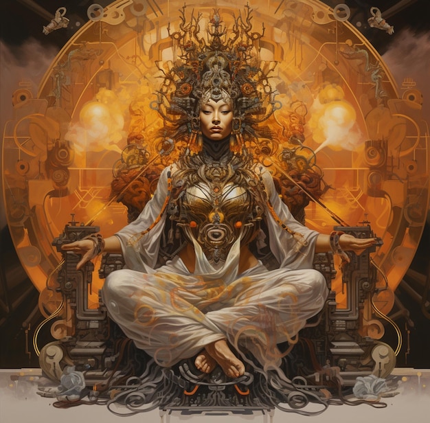 Painting of a woman sitting on a throne with a clock in the background generative ai