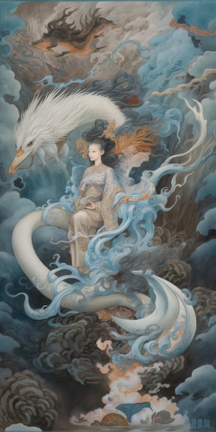 A painting of a woman sitting on a wave with a dragon on her chest.