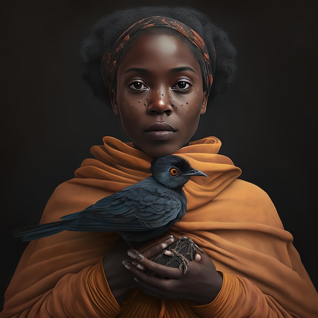 A painting of a woman skin black holding a bird