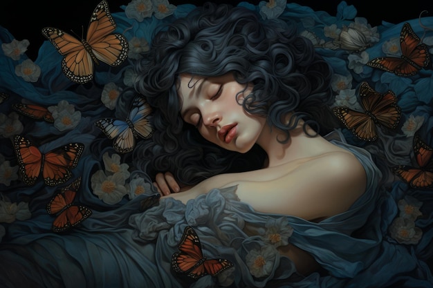 a painting of a woman sleeping in a bed surrounded by butterflies