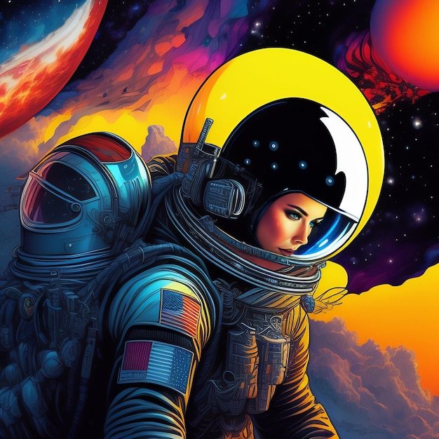 A painting of a woman in a space suit with a planet in the background.