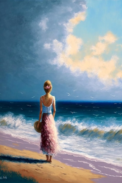A painting of a woman standing on the beach looking at the ocean