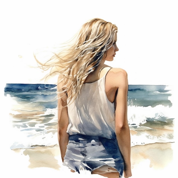 Foto dipinto di una donna in piedi sulla spiaggia che guarda l'oceano generativo ai