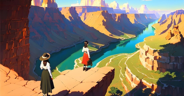 A painting of a woman standing on a cliff overlooking a canyon.