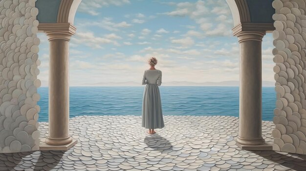 Photo painting of a woman standing in a doorway looking out at the ocean generative ai