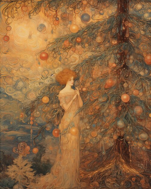 Painting of a woman standing in front of a tree with ornaments generative ai