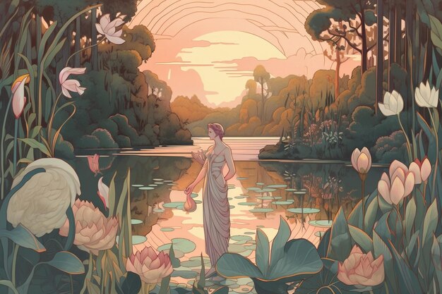 Painting of a woman standing in a pond with a swan generative ai