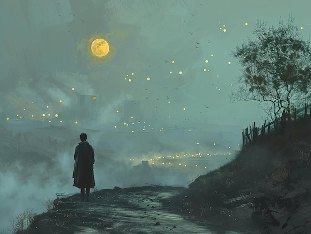 一幅女人站在路上,天上有满月的画作