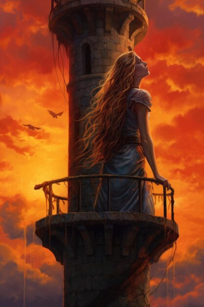 A painting of a woman standing on top of a tower generative ai image