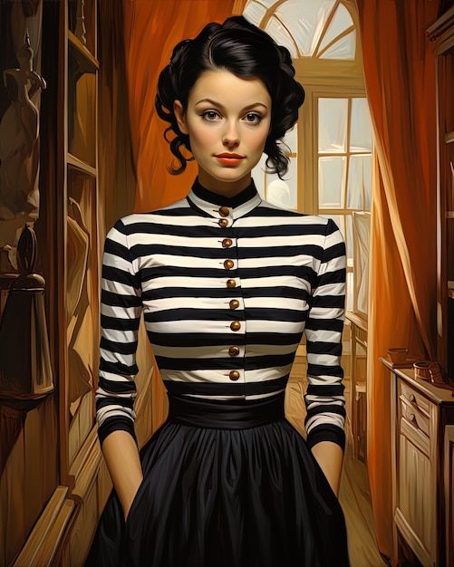 a painting of a woman in a striped dress with a black and white striped top