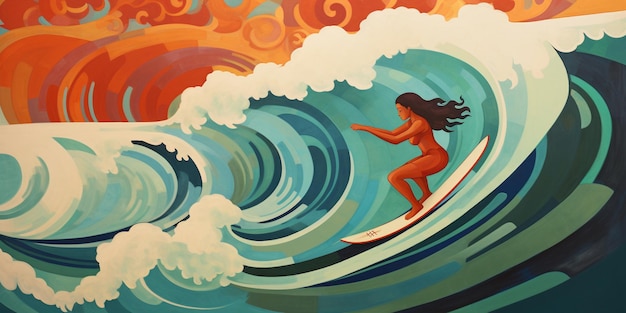 Painting of a woman surfing on a wave in the ocean generative ai