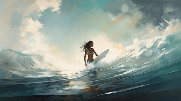 painting of a woman surfing on a wave in the ocean generative ai