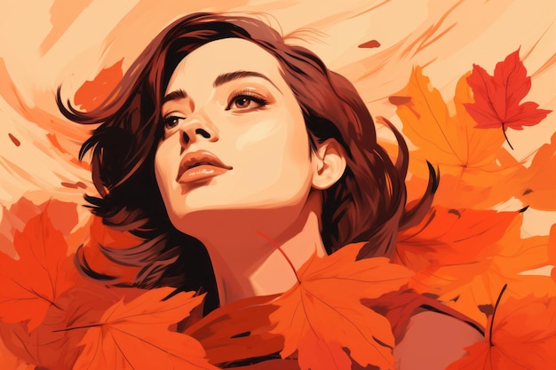 A painting of a woman surrounded by autumn leaves