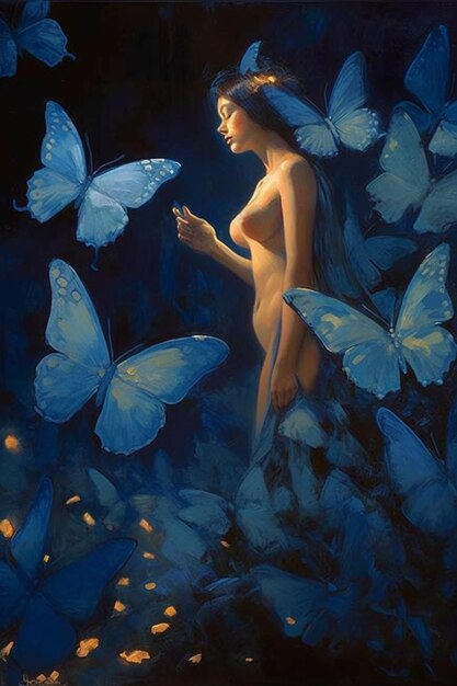 A painting of a woman surrounded by butterflies