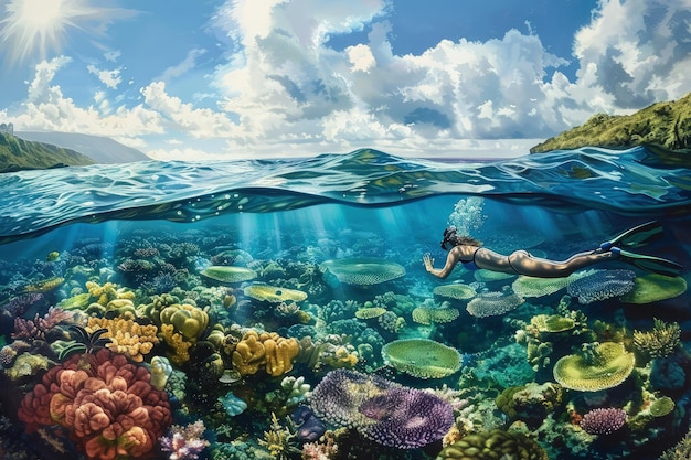 Foto un dipinto di una donna che nuota nell'oceano