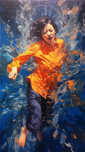 A painting of a woman swimming in water