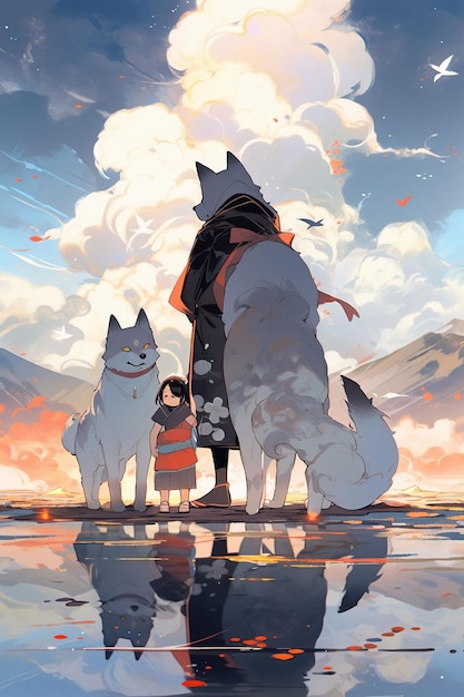 A painting of a woman and two dogs with a sky background.