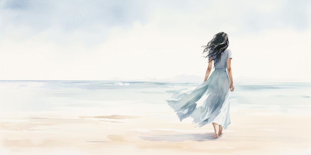 painting of a woman walking on a beach with a dress blowing in the wind generative ai