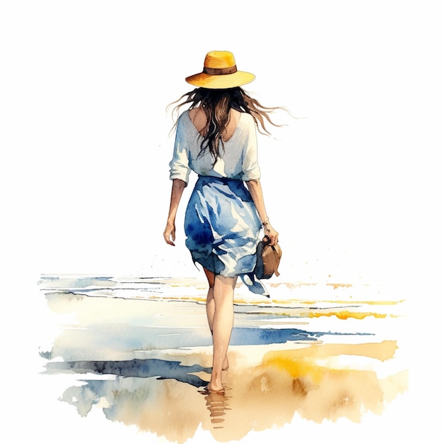 Photo painting of a woman walking on the beach with a hat on generative ai