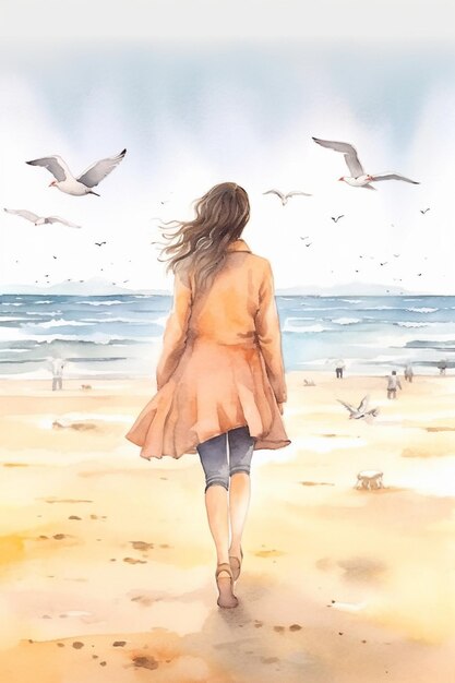 Painting of a woman walking on a beach with seagulls flying overhead generative ai