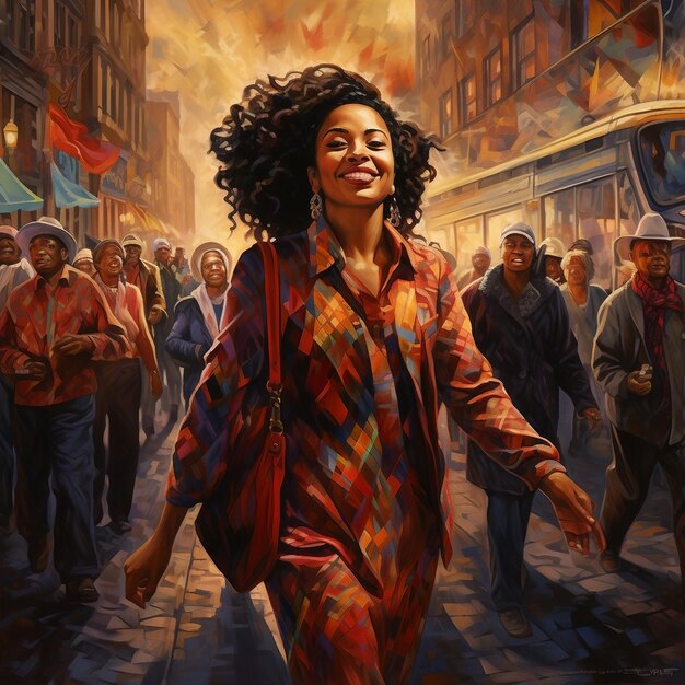 A painting of a woman walking down a crowded street