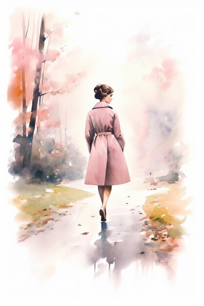 painting of a woman walking down a path in a pink coat generative ai