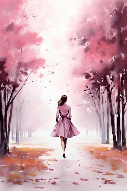 Картина женщины, идущей по тропинке в розовом платье, генеративный AI
