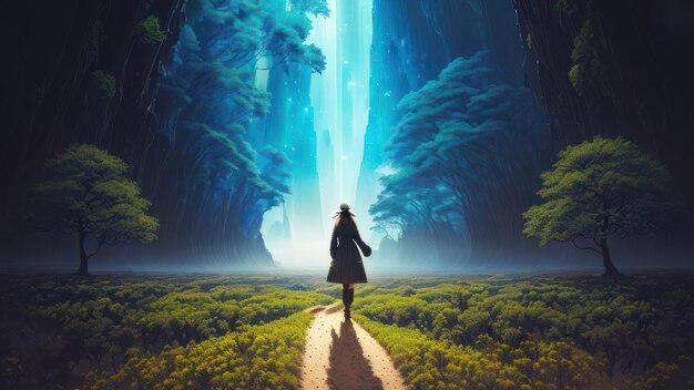 Photo a painting of a woman walking down a path with a blue light coming through the trees.