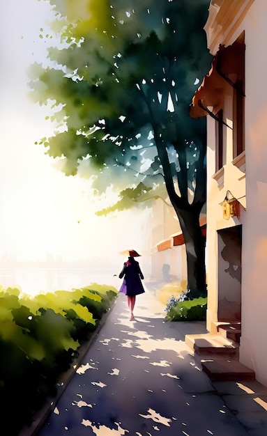 A painting of a woman walking down a sidewalk