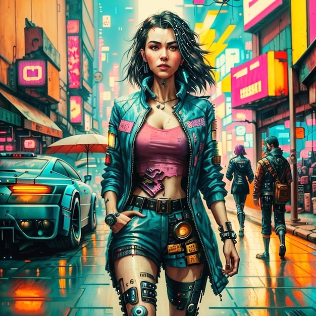 A painting of a woman walking down the street in a style of cyberpunk