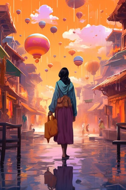 Painting of a woman walking down a street with a bag and balloons in the sky generative ai