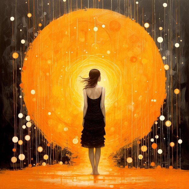 Painting of a woman walking in front of a large yellow sun generative ai