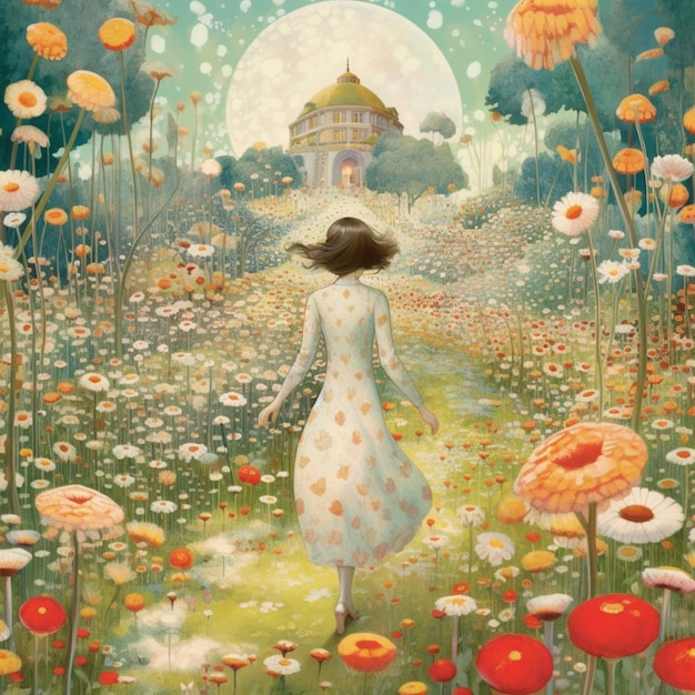 painting of a woman walking through a field of flowers with a full moon in the background generative ai