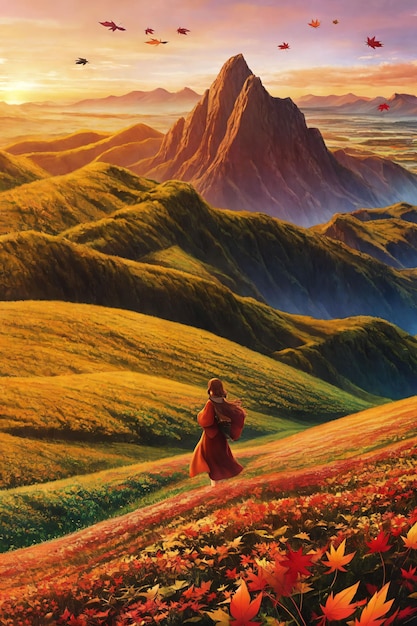A painting of a woman walking through a field with a mountain in the background.