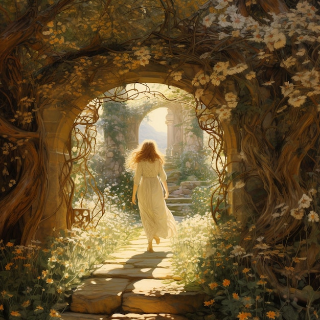 Foto dipinto di una donna che cammina in un giardino con fiori ai generativi