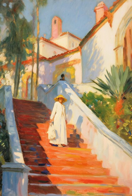 Painting of a woman walking up a set of stairs in a white dress generative ai