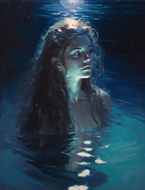 Photo painting of a woman in the water with a full moon in the background generative ai