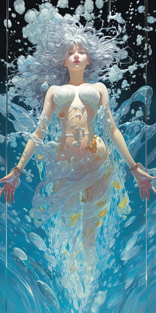 물 속 에 있는 여자 의 그림 과 그 위 에 있는 '해녀'라는 단어