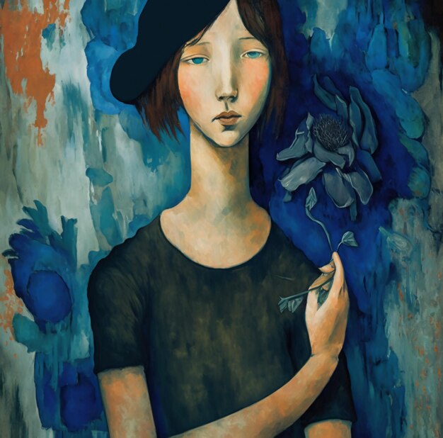 A painting of a woman wearing a black hat and holding a flower.