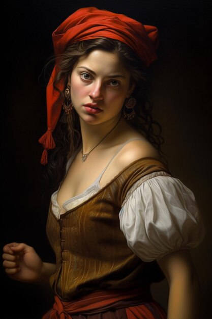 A painting of a woman wearing a brown dress with a red bow