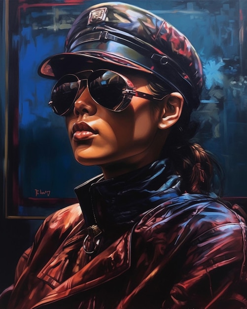 A painting of a woman wearing a hat and sunglasses