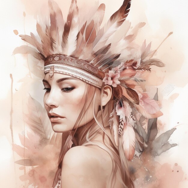 painting of a woman wearing a headdress with feathers on her head generative ai