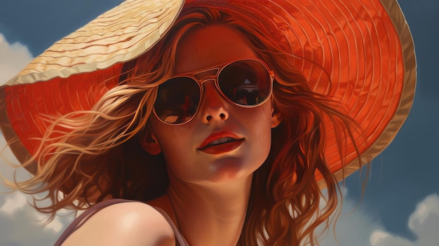 A painting of a woman wearing a large red sun hat and sunglasses.