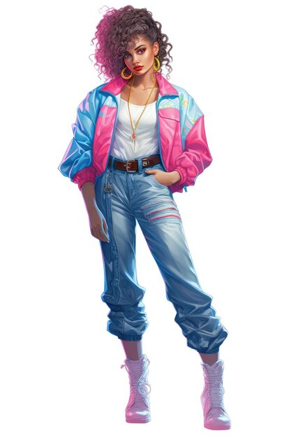 ピンクと青のジャケットを着た女性の絵画