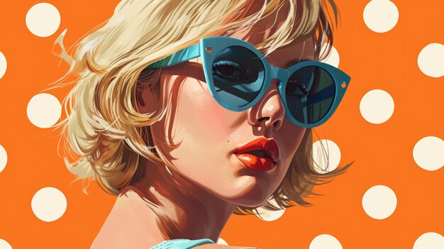 Photo a painting of a woman wearing sunglasses against a vibrant polka dot background this image can be used to add a stylish and trendy touch to various projects