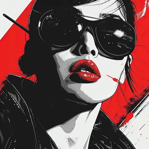 A painting of a woman wearing sunglasses and lipstick