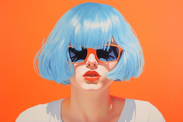 A painting of a woman wearing sunglasses and a white shirt with a red lips.