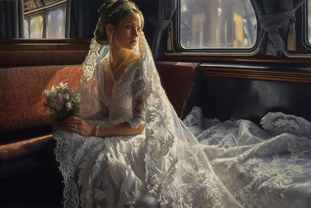 На картине женщина в свадебном платье сидит на машине.